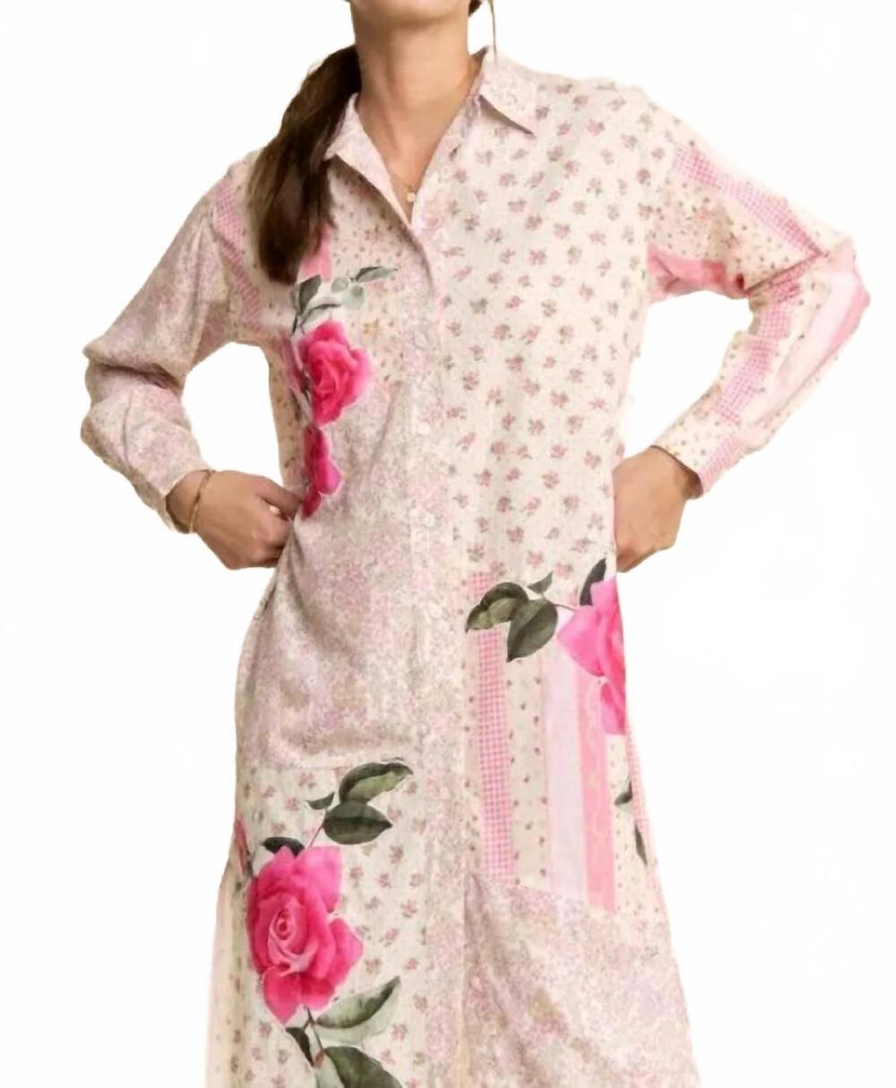 NEW DAVI & DANI women's printed flower patched maxi duster shirt top in ivory pi